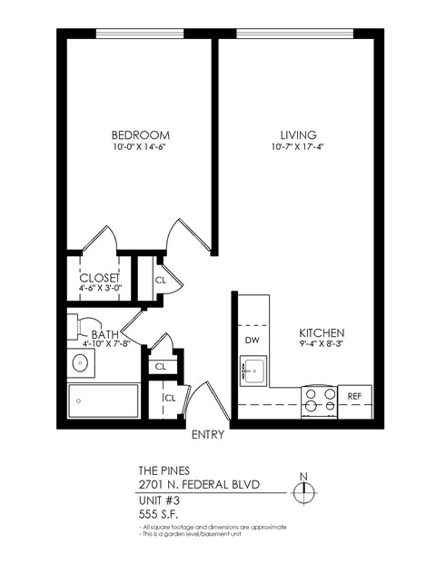 Floor plan for 1 bed, 1 bath, 550 sqft